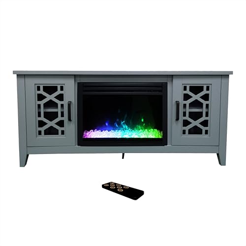 CAMBRIDGE 56"x16"26" Stardust Mid-Century Electric Fireplace TV Stand with Cutout Pattern Doors, Remote Control, Enhanced, Crystal Insert with Color Changing LED Lights, Slate Blue - CAM5414-1SBLCRS