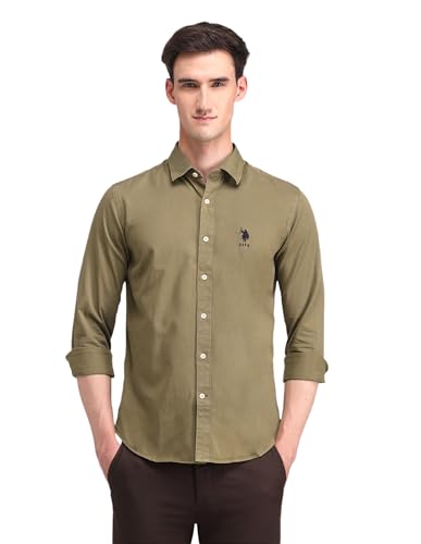 Image of U.S. Polo ASSN. Solid Slim Fit Shirts for Men - 100% Cotton, Full Sleeve Mens Casual Shirts
