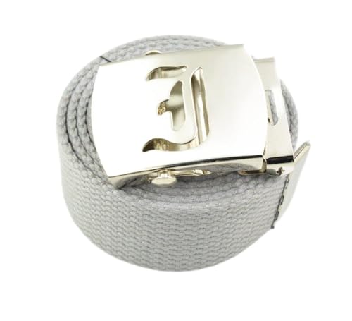 Old English Initial I Canvas Military Web Light Gray Belt & Silver Buckle 60 Inch