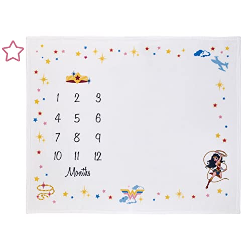 Image of NoJo Wonder Woman White and Gold Star-Tiara, Lasso of Truth, and The Invisible Jet Milestone Baby Blanket