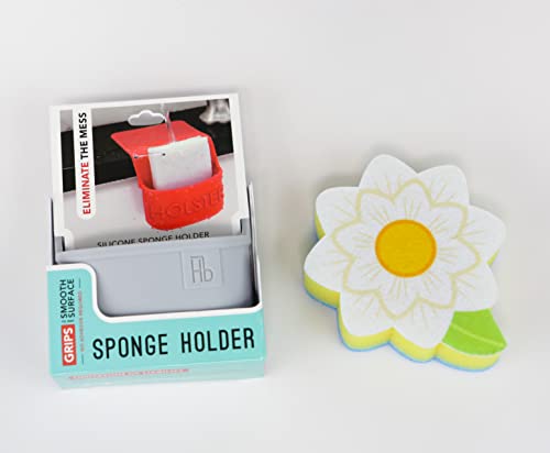 Image of Lil' Holster Mini (Stone with Flower Sponge) - Silicone Sponge Holder, Kitchen Organizer, Dishwasher Safe, Drains Sponges, Clings to Sink, Non-Porous Surface, Easy to Clean, 5.94 x 4.17 x 2.09 in