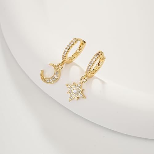 Sylph Moon and Star Earrings for Women, 925 Sterling Silver Crescent Starburst Huggie Hoop Earring with Cubic Zirconia Celestial Jewelry for Everyday Wear (Gold) — view 5