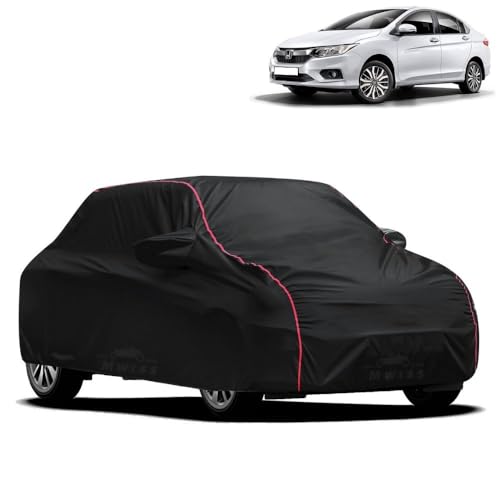 Image of Waterproof Car Cover for Honda City I VTEC | All-Weather Protection, Dustproof & UV Resistant | Triple Stitched Mirror Pockets, Windproof Buckle Strap with Elastic Hem, Black-Red Piping