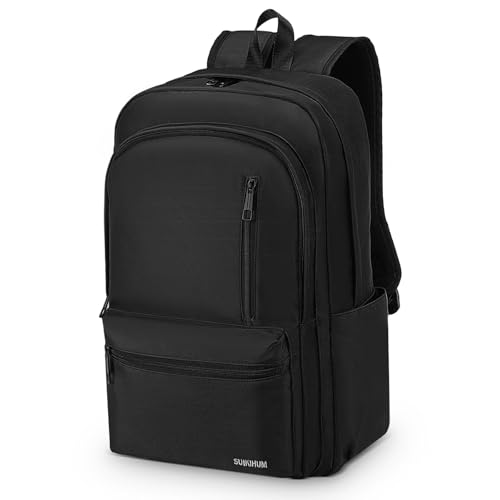 SUIKIHUM Nylon Backpack for Men & Women, Water-Resistant Everyday Backpack with 15.6' Laptop Compartment, Anti-Theft Pocket & Luggage Strap, Black