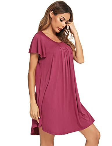 Roojaa Womens Short Sleeve Nightgown Pleated Soft Loose Sleepshirt Casual Nightdress Rose Purple #TOP3