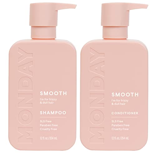 MONDAY HAIRCARE Smooth Shampoo + Conditioner Bathroom Set (2 Pack) 12oz Each for Frizzy, Coarse, and Curly Hair, Made from Coconut Oil, Shea Butter, & Vitamin E, All-Natural, 100% Recycled Bottles