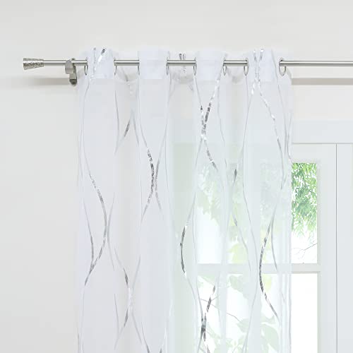 SCHOAL Curtains with Eyelets Transparent Voile Curtain Window Curtain Modern Decorative Curtains with Shiny Waves Pattern 1 Piece W x H 140 x 225 cm Silver - Image 2