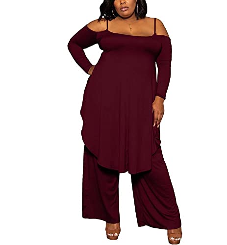 Women Plus Size 2 Piece Outfits Strap Off Shoulder Flowy High Low Tops Wide Leg Palazzo Pants Jumpsuit Beach Wine