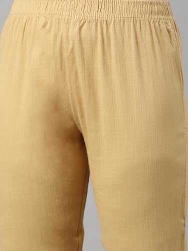 Image of MINELLI Women Solid Cigar Pants, Cotton Lycra Slub Fabric, Elasticated Waistband, Pull On Style, Regular Fit Bottom Wear for Western and Ethnic Wear