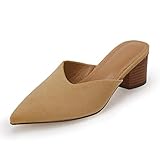 Coutgo Womens Pointed Toe V Cut Mules Chunky Block Heels Slip On Clogs Fashion Office Slides Shoes,Khaki,Size 8
