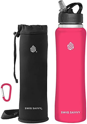 Swig Savvy Sports Water Bottle, Vacuum Insulated Stainless Steel, Straw Leakproof Lid, Storage Sleeve - 24oz (Pink)