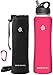 Swig Savvy Stainless Steel Insulated Leak Proof Flip Top Straw Cap Water Bottles with Pouch & Clip, Red, 24oz