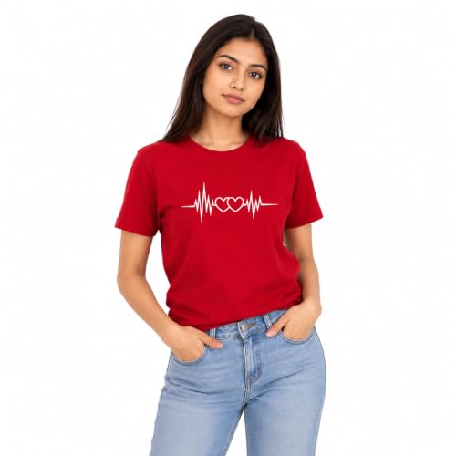 Image of Matching Couple T Shirt for Men & Women | Heartbeat Printed Cotton Couple T-Shirt | Round Neck Half Sleeve Regular Fit | Valentine's Day, Pack of 2 | Red