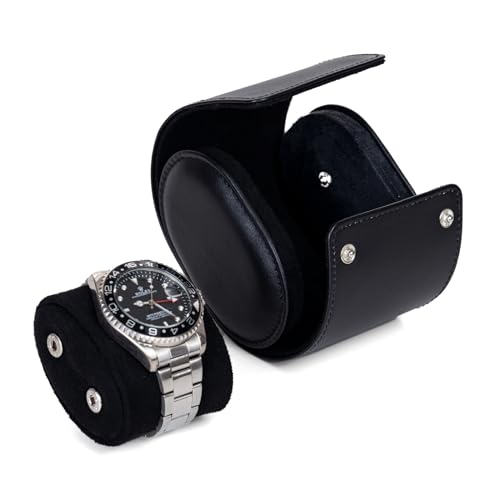 SYENS Estuche de viaje para reloj, piel auténtica de grano superior, caja de almacenamiento para reloj individual para hombre y mujer