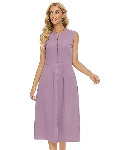 Image of Ladyful Women's Sleeveless Cotton Linen Midi Dress V Neck A Line Tank Dress
