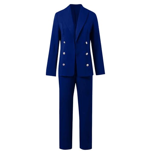 Women's 2 Piece Suits, Blazer Jackets with Chino Trouser, Double Breasted Blazer Open Front & Trousers Set, Elegant for Wedding,Business,Formal,Work Wear (A-1-BU1, XXXL) Blue - Image 3