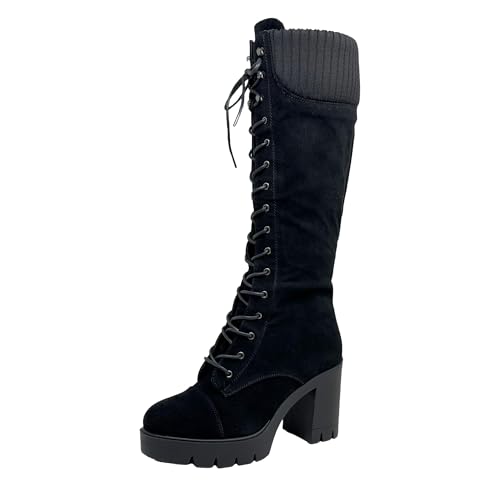 Generation Y Women's Knee High Combat Boots Lace Up Chunky Heel Knitted Cuff Zipper Closure