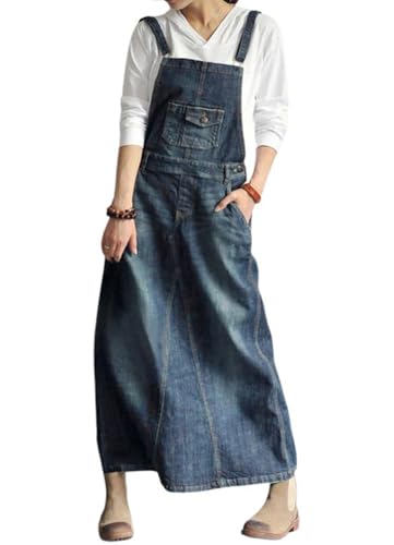 chouyatou Women's Vintage Adjustable Strap Denim Overall Dress Distressed A-Line Pinafore Bib Jean Dress (Large, Blue)