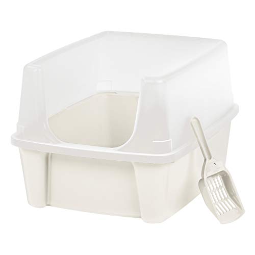 IRIS USA Open Top Cat Litter Tray with Scoop and Scatter Shield, Sturdy Easy to Clean Open Air Kitty Litter Pan with Tall Spray and Scatter Shield, Clear/Almond