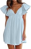 MASKAZU Women's Casual Flounce Sleeve Bow Tie Back Mini Babydoll Dress Baby Blue M