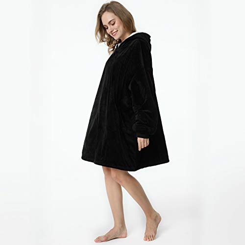 LetsFunny Oversized Hooded Blanket Sweatshirt, Super Soft Warm Comfortable Sherpa Wearable Blanket with Giant Pocket, for Adults Men Women Teenagers Kids, One Size Fits All (Black, Adult)
