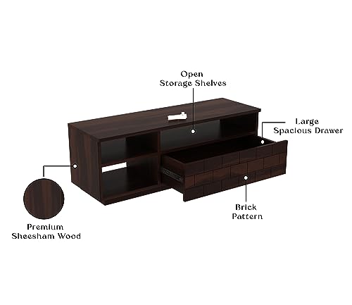 Image of Furniture Solid Sheesham Wood TV Unit with 3 Shelves and 1 Drawer Storage - Accommodates up to 55 Inch TV (Kane, Walnut Finish)