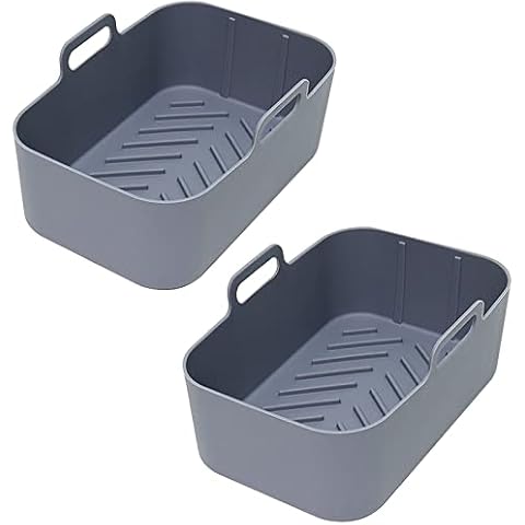 2 PCS Air Fryer Silicone Liners, Reusable Air Fryer Silicone Liner with Handle for Larger 8QT Double Basket Air Fryer(Grey) Cover