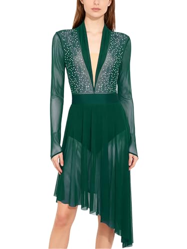 Linjinx Vestido de patinaje artístico para mujer, manga larga, vestido de patinaje sobre hielo, vestido de ballet, vestido de danza, vestido de danza, vestido de danza, verde, S