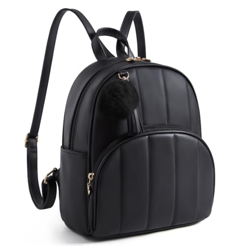 Image of ECOSUSI Mini Backpack for Women Vegan Leather Quilted Small Backpack Purse | Cute Pom Bookbag for Ladies Travel Shoulder Bag with Charm Tassel, Black