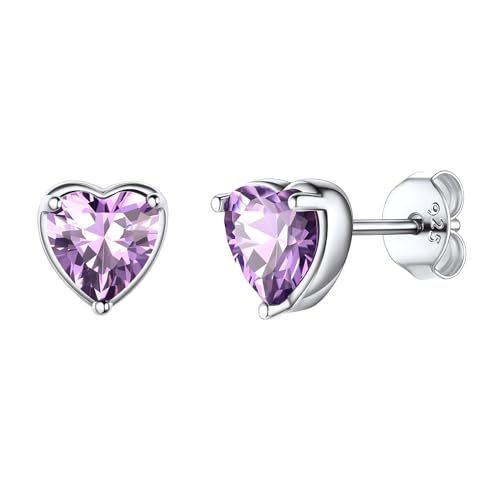 Womens Stud Earrings Purple 925 Real Sterling Silver Dainty Cute Alexandrite Crystal Studs Hypoallergenic Nickel Free June Birthstone Heart Earrings