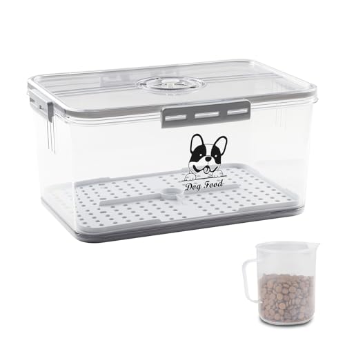 Dog Food Storage Container,Pet Food Storage Container,Time Recording Dog Treat Jar with Lid 10L,Airtight Dog Food Container with 4 Snap Clips and Dog Food Measuring Cup,Food Grade, Moistureproof/Clear