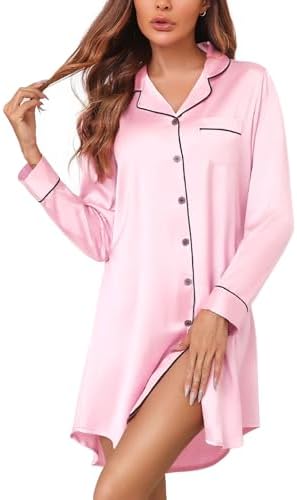 Senert Satin Nightgown for Women Button Down Sleep Shirt Short Sleeve Sleepwear Pajama Dress Boyfriend Nightshirt S-XXL