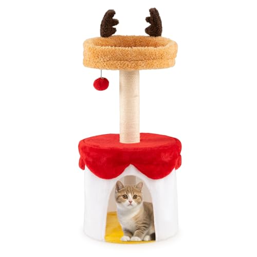 SOARS Albero di Natale per Gatti 80 cm, Tiragraffi per Gatti a 3 Livelli con Cuccia Grotta in Peluche, Pali Graffiato, Piattaforma e Palla, Torre per Gatto con Rifugio Decorazione Natalizio