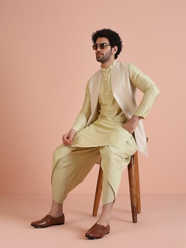 Kisah Mens Jacquard Silk Blend Kurta Jacket Dhoti Set  Traditional Ethnic Wear For Men For Weddings & Festivals, Beige, 44