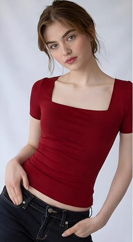 Image of SIGHTBOMB SOFTLINE SQUARE NECK DOUBLE LAYER SHORT SLEEVE MICROFIBER CUDDLE TEE AFFORD LUX EDITION FEATHER TOUCH TOP FOR WOMEN