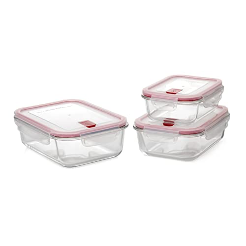 Tatay Tupper Cristal Cook & Eat | Set de 3: 1,5L + 1,1L + 0,64L | Vidrio Borosilicato | Tapa Hermética Clip, Válvula de Vapor | Apto Microondas, Horno, Nevera y Congelador | Libre de BPA, Rojo
