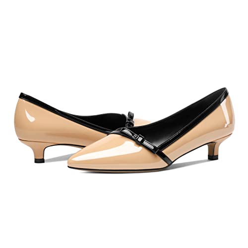 Aumoted Womens Kitten Heel Pumps Pointed Toe Dating Low Pumps Slip-On Casual Bows Solid Heeled 1.4" Ladies Fashion Office Dress Shoes Patent Leather Beige Us Size 7 #TOP3