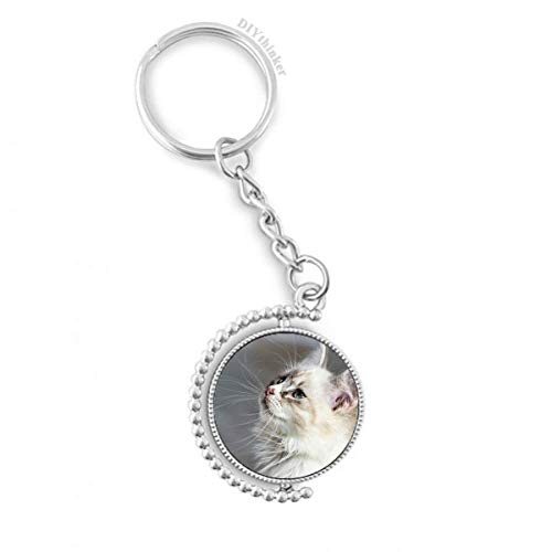 Llavero giratorio de gato lindo con diseño de mirada fija blanca