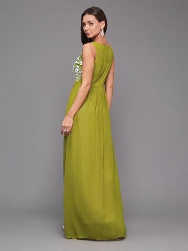 Image of Miss Chase Women's Round Neck Sleeve Embellished Fit Flare Maxi Dress