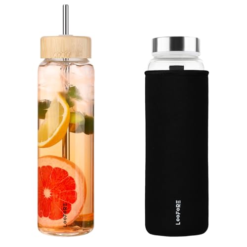 LOOFORE 32 oz Glass Water Bottle with Straw - Reusable Eco Friendly Bpa Free - Borosilicate Glass Water Bottles with 2 Lids & Neoprene Sleeve - for Gym, Sports & Workout, Daily - 1 Pack
