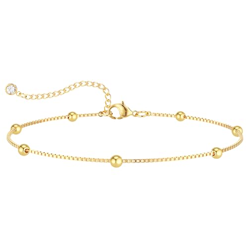 Kyerlyn Dainty Simple Chain Anklet for Women 18k Gold/Silver Plated Summer Beach Beaded Evil Eye Moon Figaro Butterfly Satellite Cuban Pearl Flat Marina Anklet Gift, 21 centimeters, Brass, no gemstone