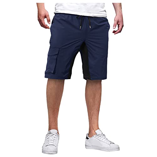 Rtrde Mens Shorts, Beach Wear For Men Fishing Shorts Stretch Big And Tall Men's Summer Outdoor Work Shorts Basic Loose Drawstring Color Contrast Quick-Drying Casual Shorts Chino Slim (L, Navy-2) #TOP21