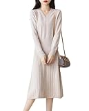 Haitpant Women's 100% Merino Wool Dress Autumn Winter V-Neck Pleated Solid Commuting Knitted Pullover