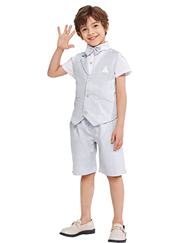 Image of Summer Boys Suit Dress Clothes Kids Wedding Ring Bearer Outfit 4Pcs Shirt Vest Shorts Set