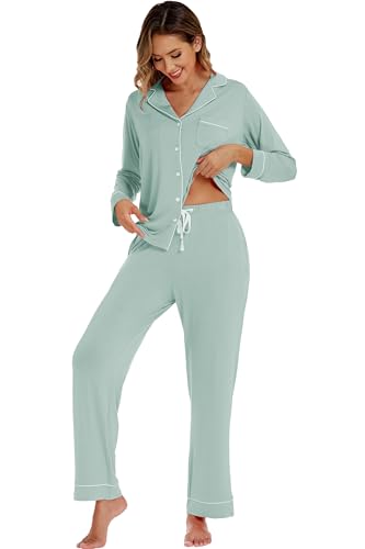 Image of LUBOT Womens Bamboo Viscose Pajamas for Women 2 Piece PJ Set Ultra Buttery Soft Cooling Button Long Sleeve Sleepwear S-XXL