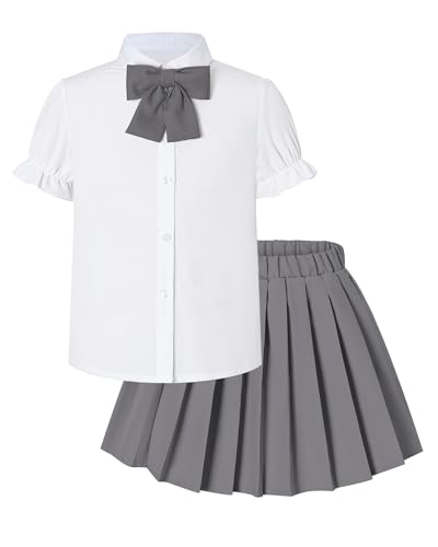 Image of Betusline Girls Skirt Set JK School Uniform 2-Piece Outfit - Short Sleeve Shirt with Bow & Pleated Skirt 4T-14Y