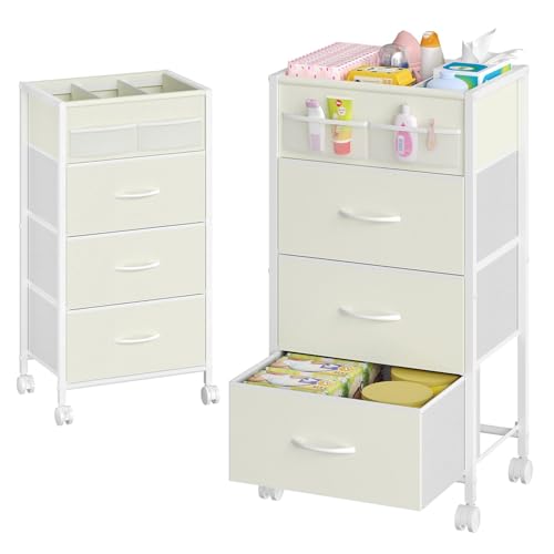 Image of 4-Tier Baby Diaper Caddy Organizer Cart with 3 Storage Drawers, Rolling Cart with Dividers & Side Pockets for Nursery, Baby Essentials, Toys, Wipes & Creams, Portable Kids Storage Cart & Station