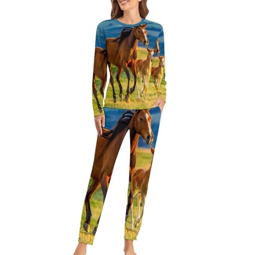 Pyjama femme Cheval Brun ensemble anti-froid manches longues et pantalon cocon