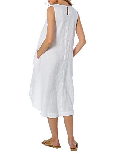 Image of Amazhiyu Women's 100% Linen High Low Midi Dress with Pocket | Summer Casual Flowy Dresses, Sleeveless Crewneck Dresses, Solid Color