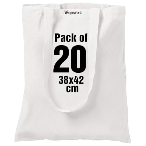 EagleWiz Natural Cotton Canvas Tote bag, 20 pack 15 X 16 inch reusable grocery bags, 5oz cotton canvas tote, eco friendly super strong washable great choice for promotion branding and gift